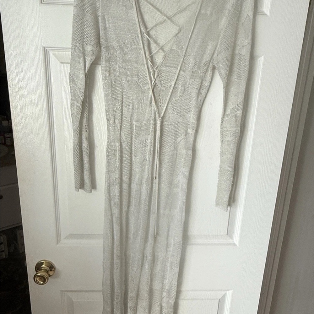 NWOT Melissa Odabash Lace Up Bodice Metallic Platinum Maxi Coverup Size M